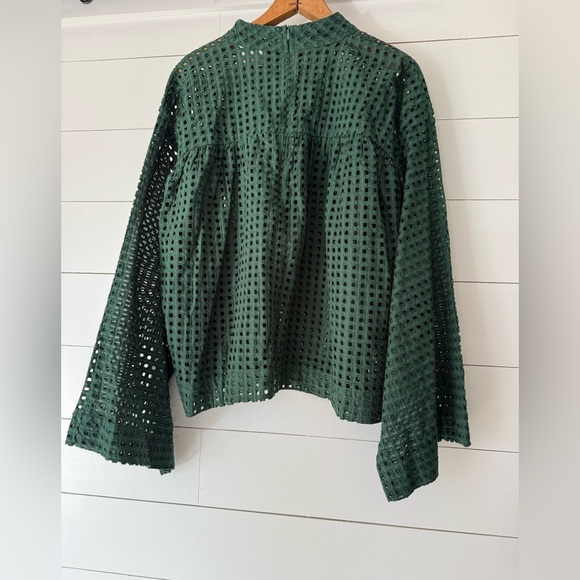 Asos Womens Eyelet Top Blouse Hunter Green Cotton Bell Sleeve Mock US Size 14 - Picture 4 of 8